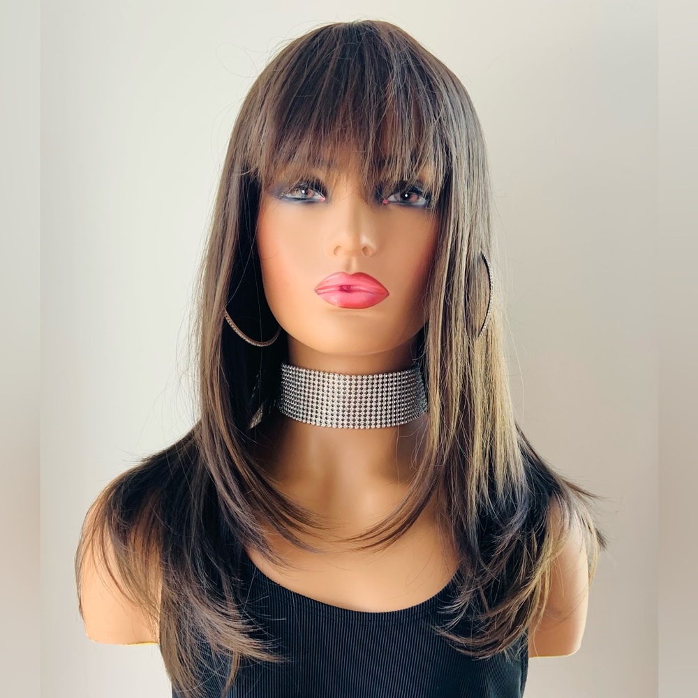 Brown “Put On & Go” Premium Fiber Wig with Bangs for Daily Wear or Events 🤎